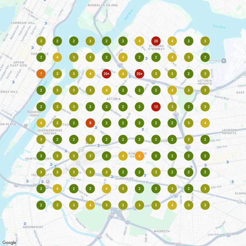 Google Maps rank grid for manicure astoria on Sep 28, 2026: nearly every point ranks 2nd to 4th
