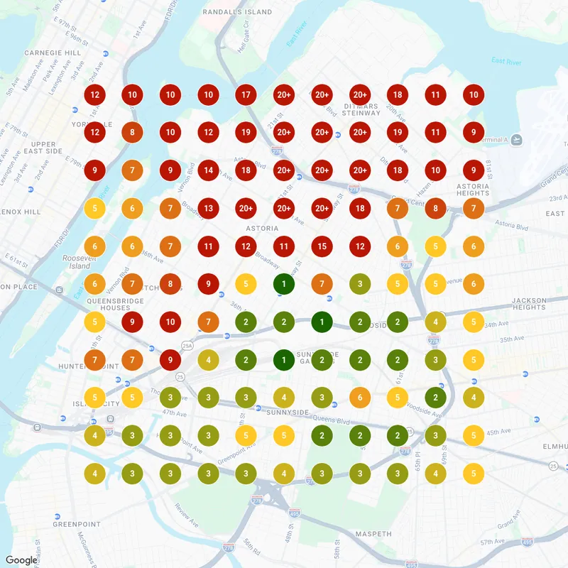 Google Maps rank grid for manicure astoria on Aug 17, 2026: the top half of the grid ranks 9th or lower