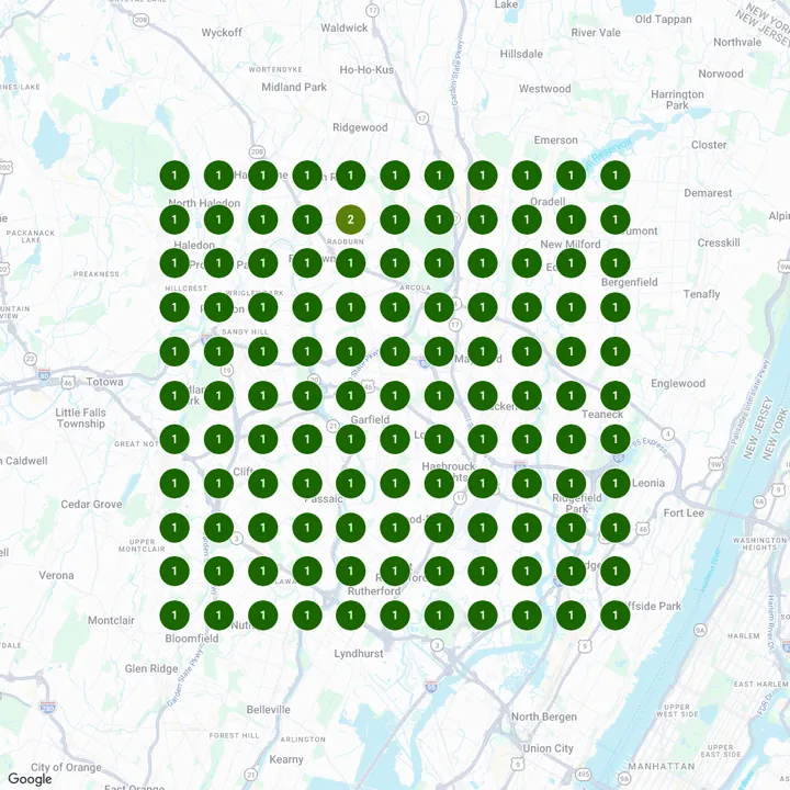 Google Maps rank grid for massage saddle brook on Sep 2, 2026: the spa ranks first at nearly every one of the 121 search points